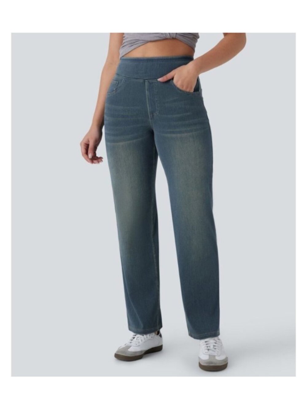 Halara M High Waisted Straight Leg Casual Denim Jeans Cement Blue Size M